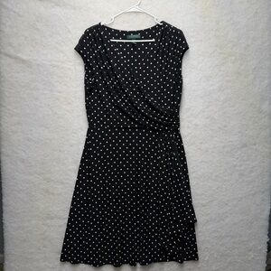Lauren Ralph Lauren Dress Womens 16 Polka Dot Cocktail Wrap Black Stretch